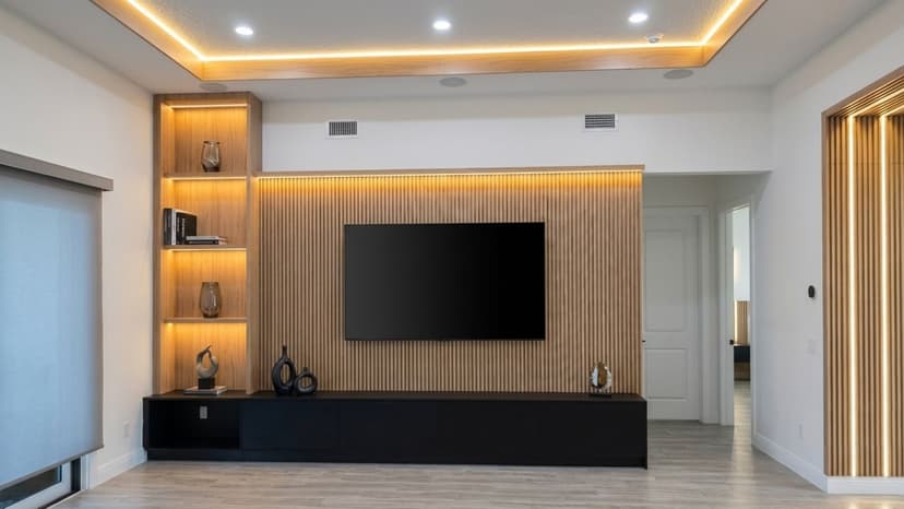Sophisticated media room with custom millwork